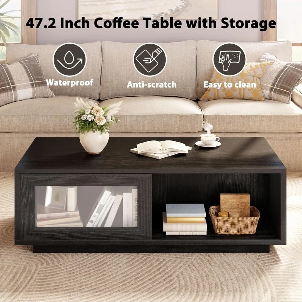 Table basse noire, table basse moderne pour salon, tables basses rectangulaires avec porte coulissan