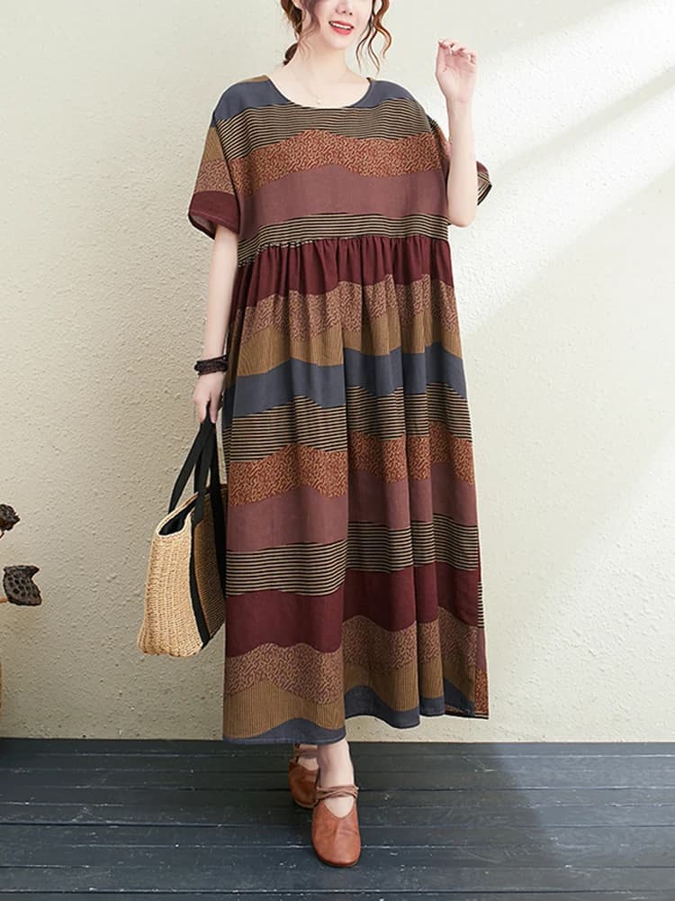 Nouvelle Robe Longue d'Été 2026 en Coton et Lin à Manches Courtes, Imprimé Rayé Vintage, Élégante po