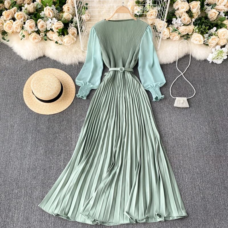 Robe longue élégante pour femmes, printemps et été, manches longues, ceinture plissée, jupe longue p