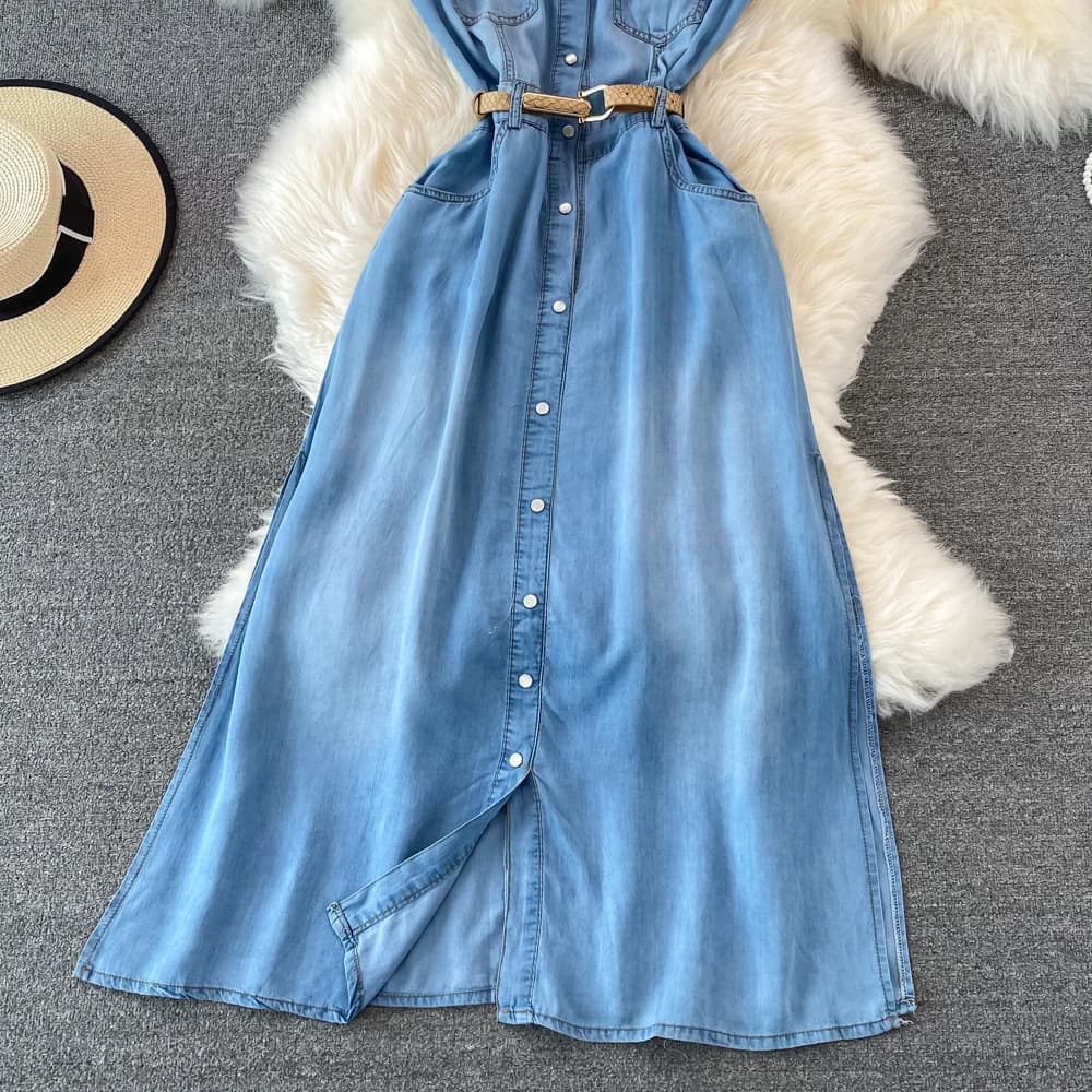 Robe Maxi en Jean pour Femme, Élégante, Col à Revers, Fibre Fine, Style Français, Rétro, Ligne A, Ch