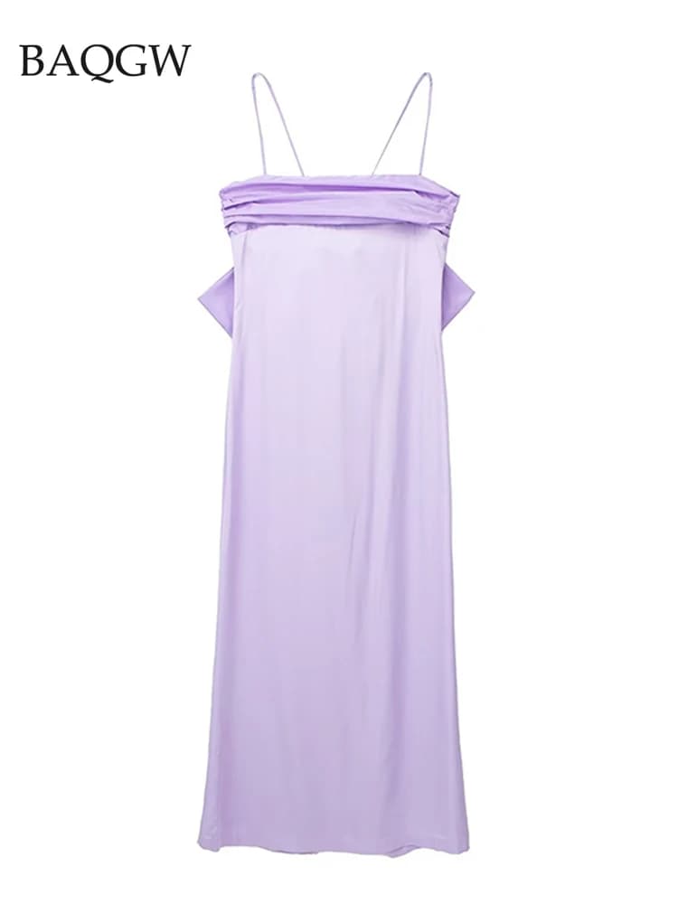 Robe mi-longue élégante à nœud papillon violet pour femmes, robe à bretelles mince, robe de soirée c