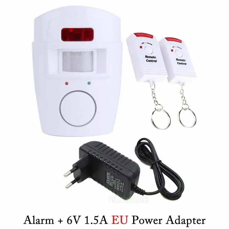 Détecteur de mouvement PIR sans fil, alarme avec 2 télécommandes, adaptateur d'alimentation pour mai