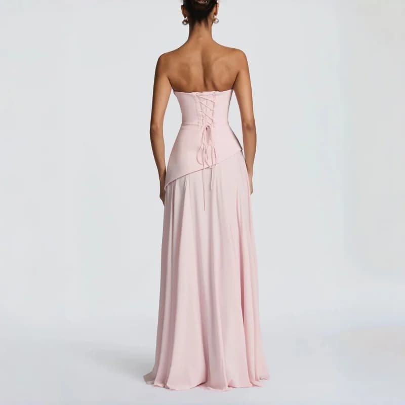Robe de soirée rose poudré pour femme, col bénitier, dos froncé, à lacets, sans manches, élégante, p