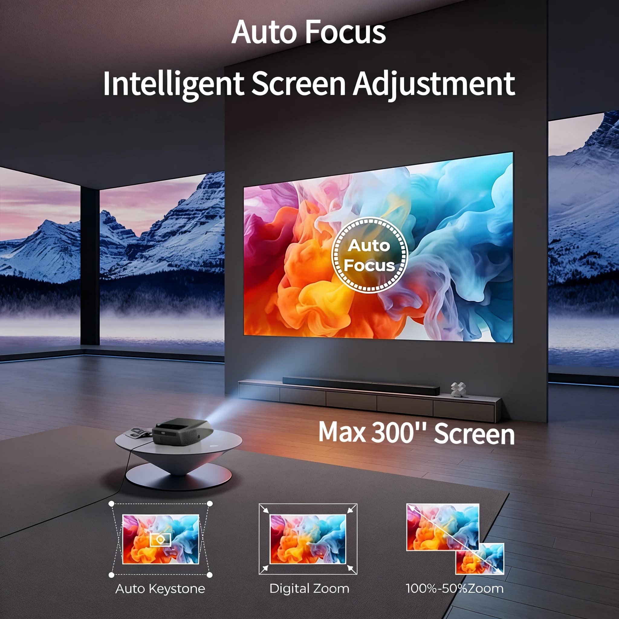 Projecteur vidéo 4K autofocus, 3800 ANSI lumens, Wifi 2.4+5G, Bluetooth, 1080P Full HD HDR, Android 