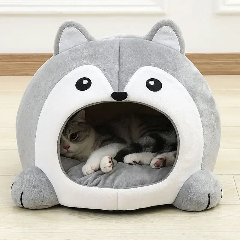 Lit-cave pour chat en peluche douce et super chaude, motif Husky mignon, panier de couchage, tente-n