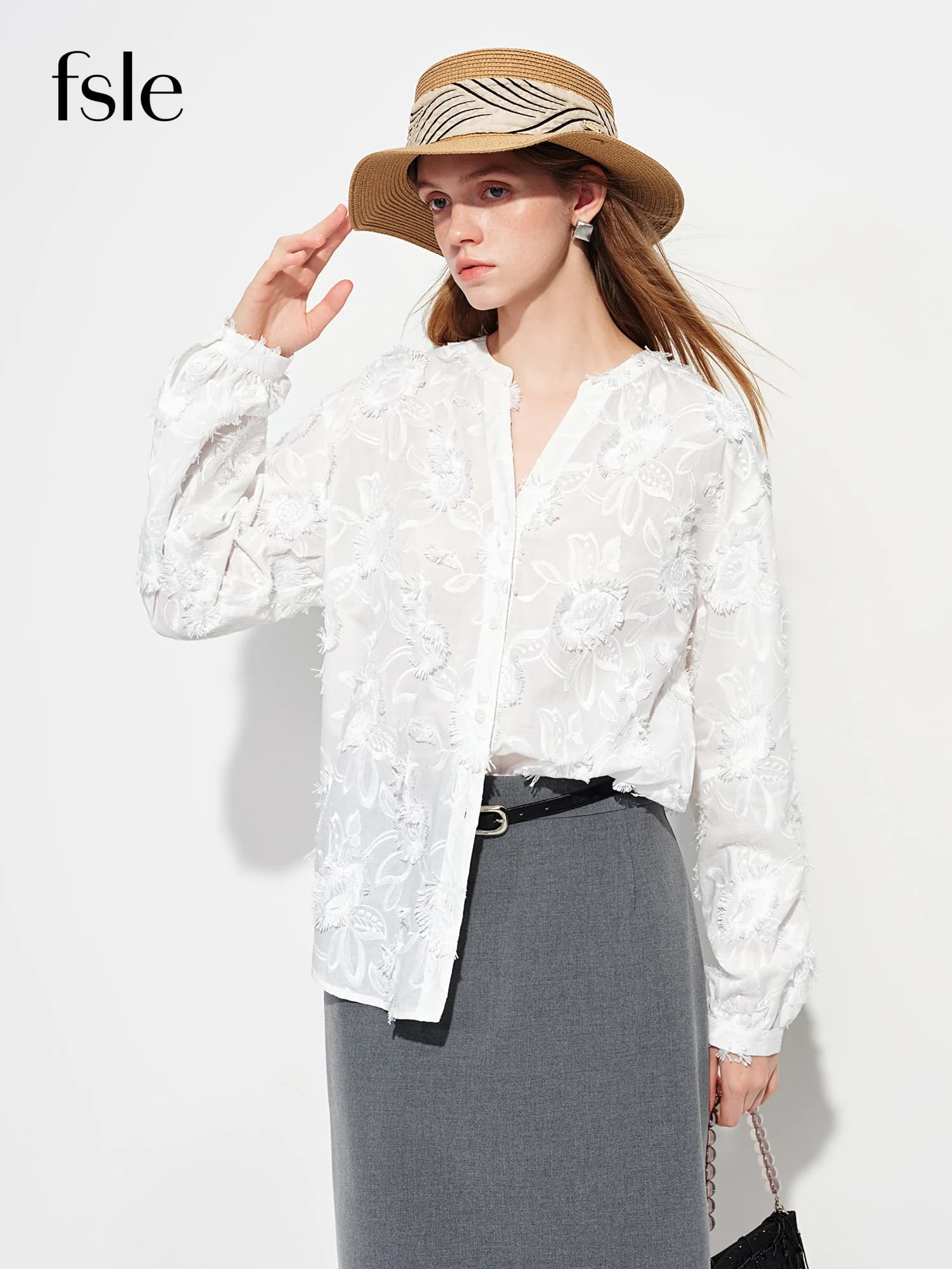 FSLE 2026 Nouvelle Blouse Femme Printemps-Été à Col Rond en Jacquard 3D, Chemise de Bureau à Manches