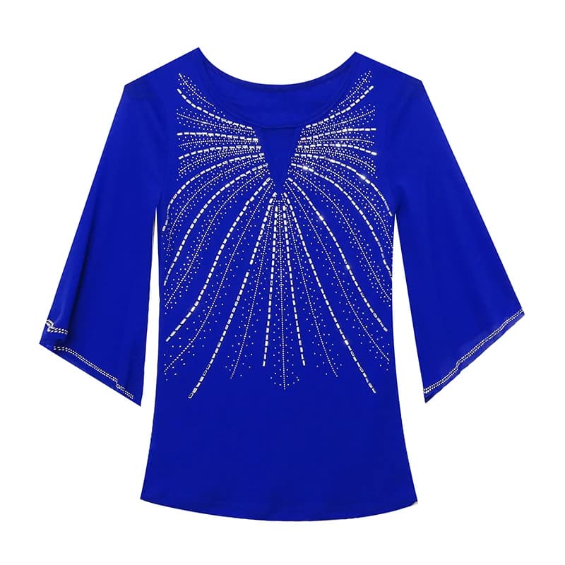Été nouveauté demi manches évasées t-shirt femmes col rond diamants maille t-shirts hauts fille mode