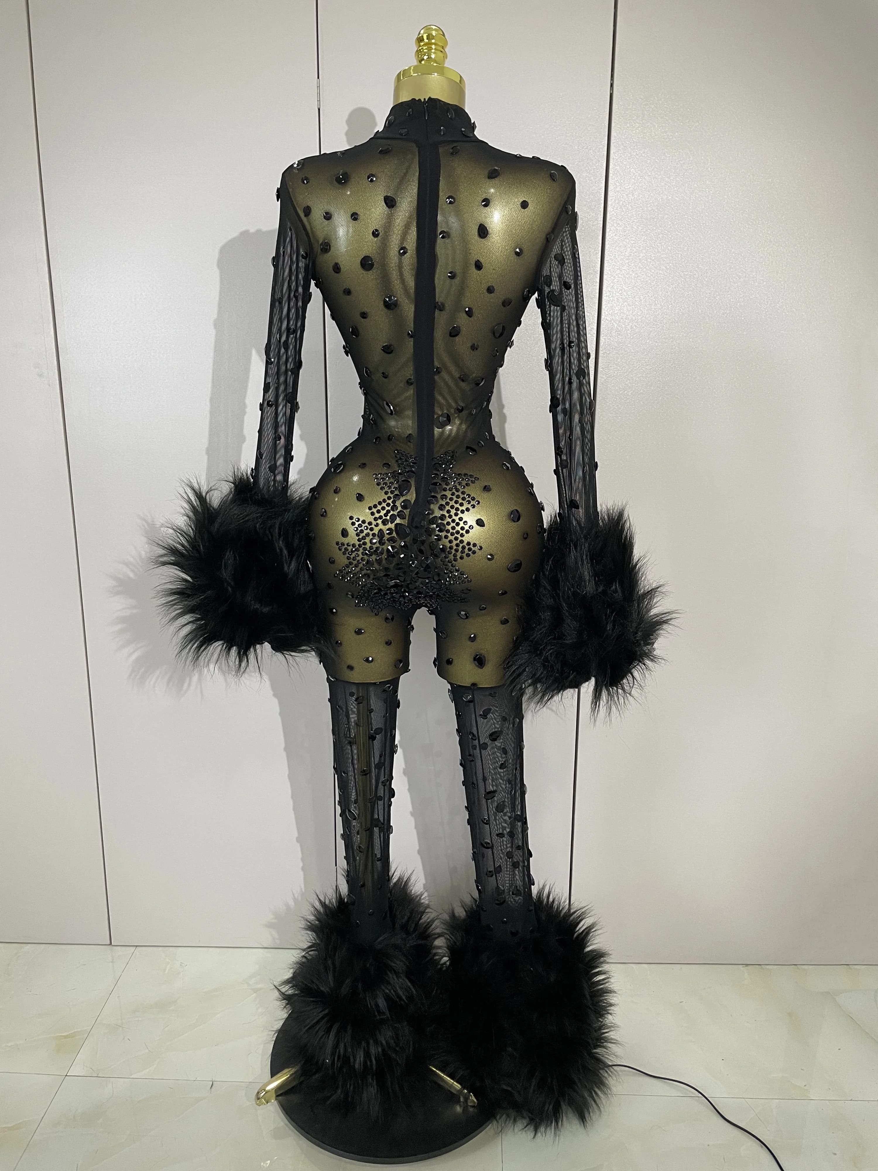 STOCK luxe diamant noir maille Transparent extensible à manches longues combinaison femmes Sexy Perf