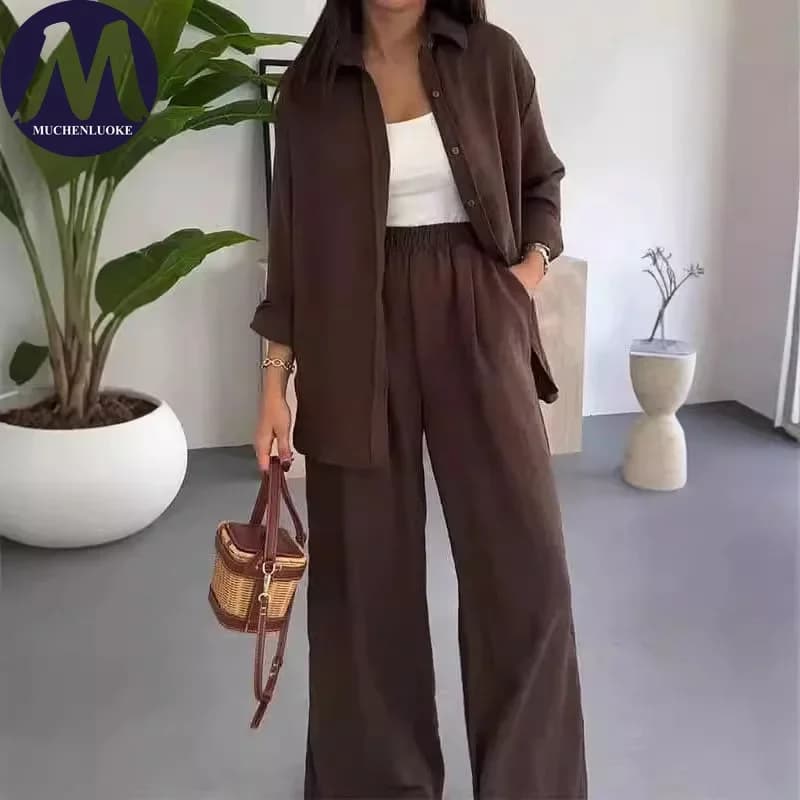 Ensemble 2 pièces d'été pour femme : Chemise à revers à manches longues et pantalon décontracté à ja