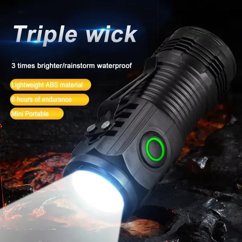 Mini lampe torche LED portable 3 LED, lumière ultra puissante, rechargeable par USB, batterie intégr