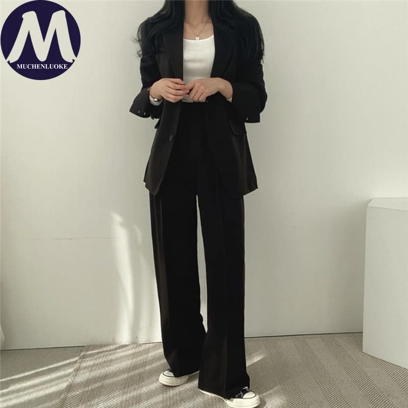 Ensemble deux pièces pour femmes, mode coréenne, blazer à manches longues et pantalon large, décontr