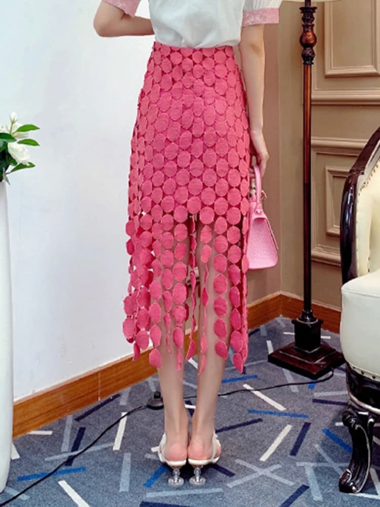 GALCAUR – jupe mi-longue élégante à pois pour femmes, avec des franges, taille haute, couleur unie, 