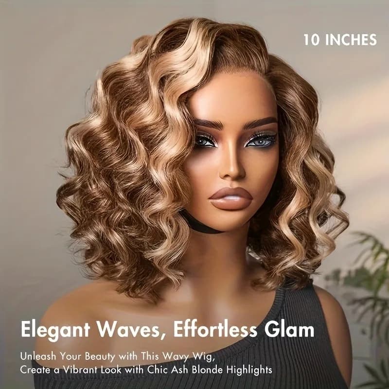 Perruque Bob Ombrée Cheveux Humains 4/27 Mèches Blond Miel Ondulées Profondes Perruques Bob Lace Fro