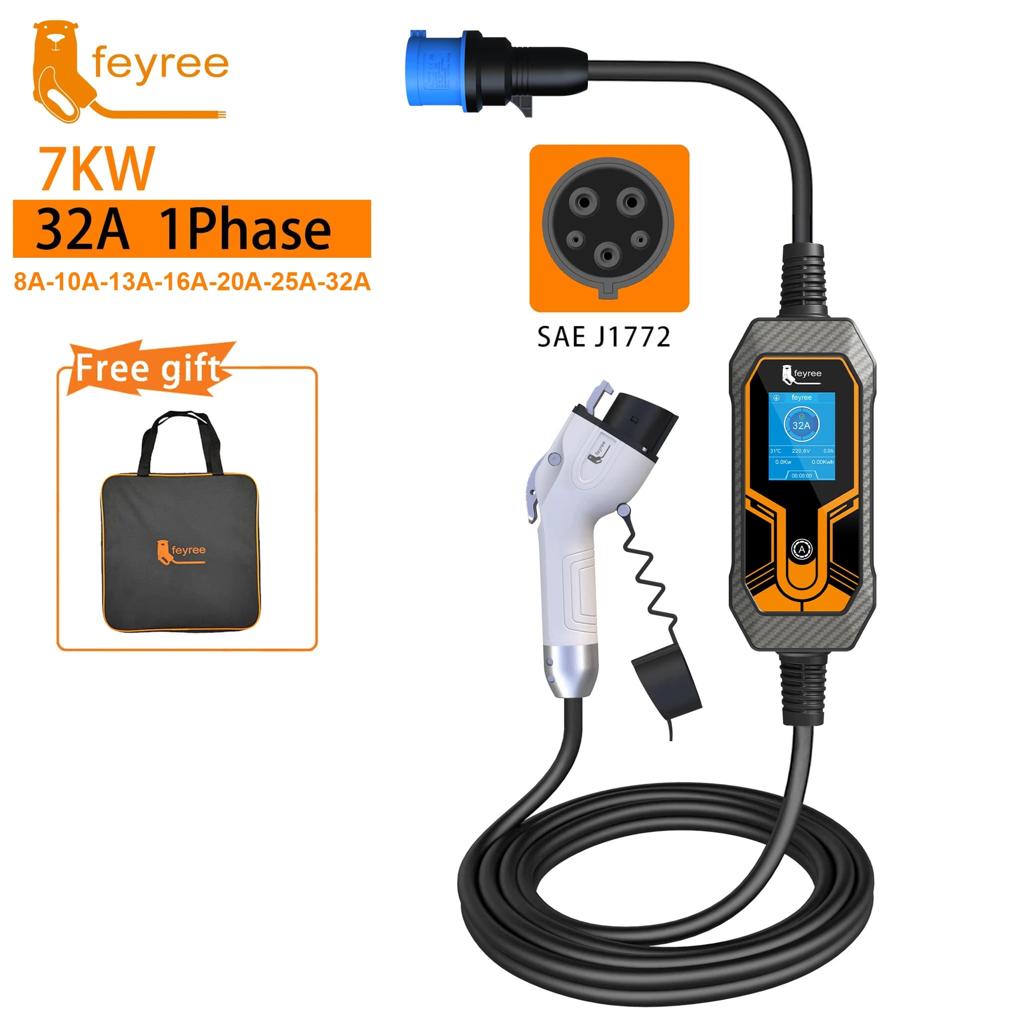 Feyree Portable EV chargeur Wallbox Type2 câble 32A 7KW avec prise CEE EVSE Type1 boîte de charge j1