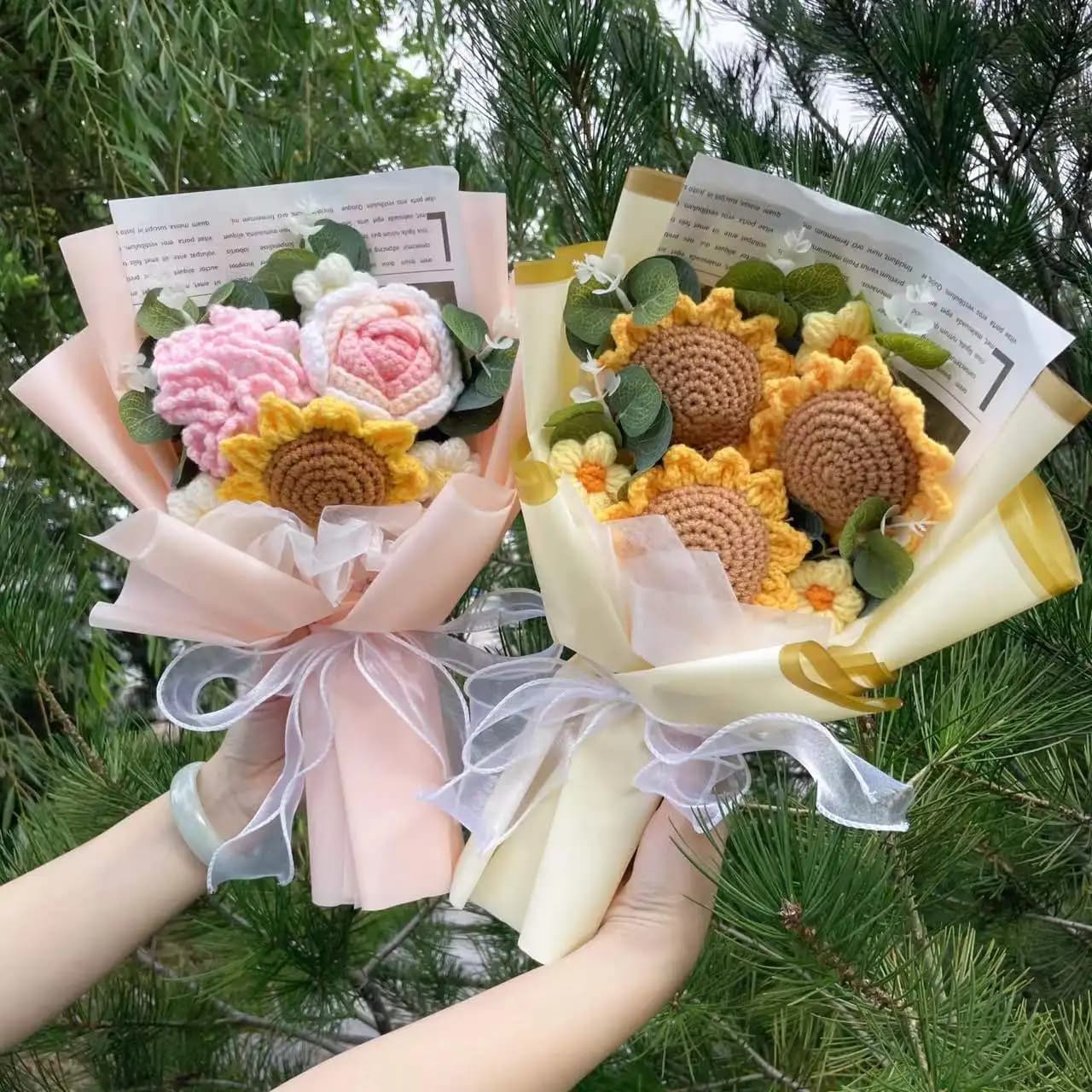 Fleurs tricotées finies tournesols crochet Bouquet créatif fleurs tricotées saint valentin fête des 