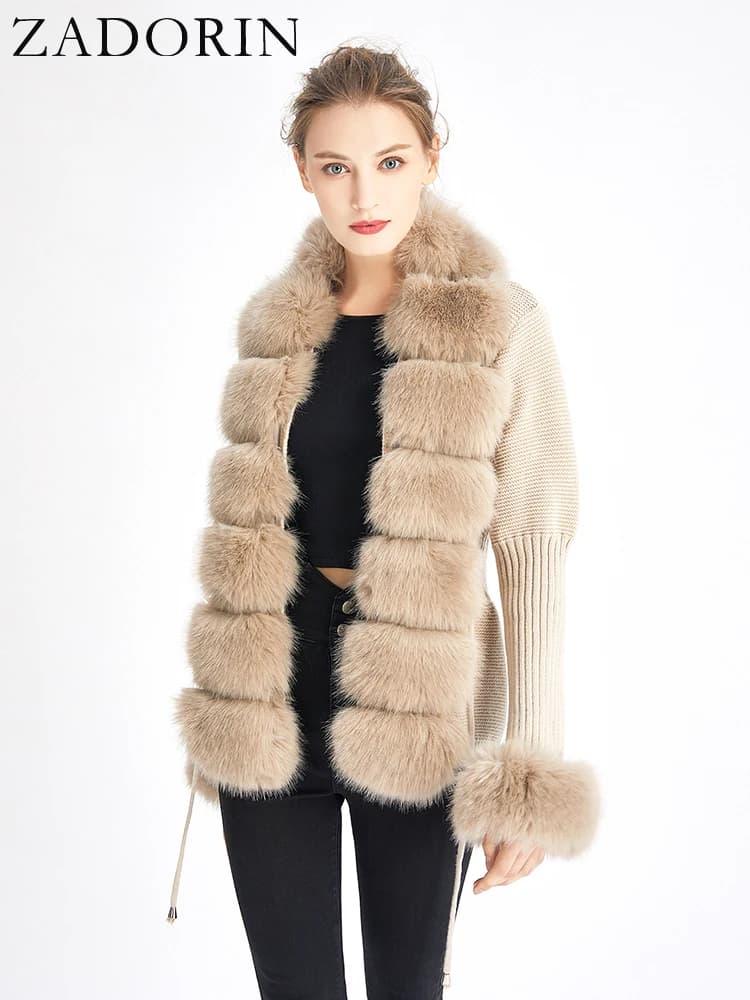 ZADORIN automne hiver femmes fausse fourrure manteau de luxe tricoté pull fourrure Cardigan col déta