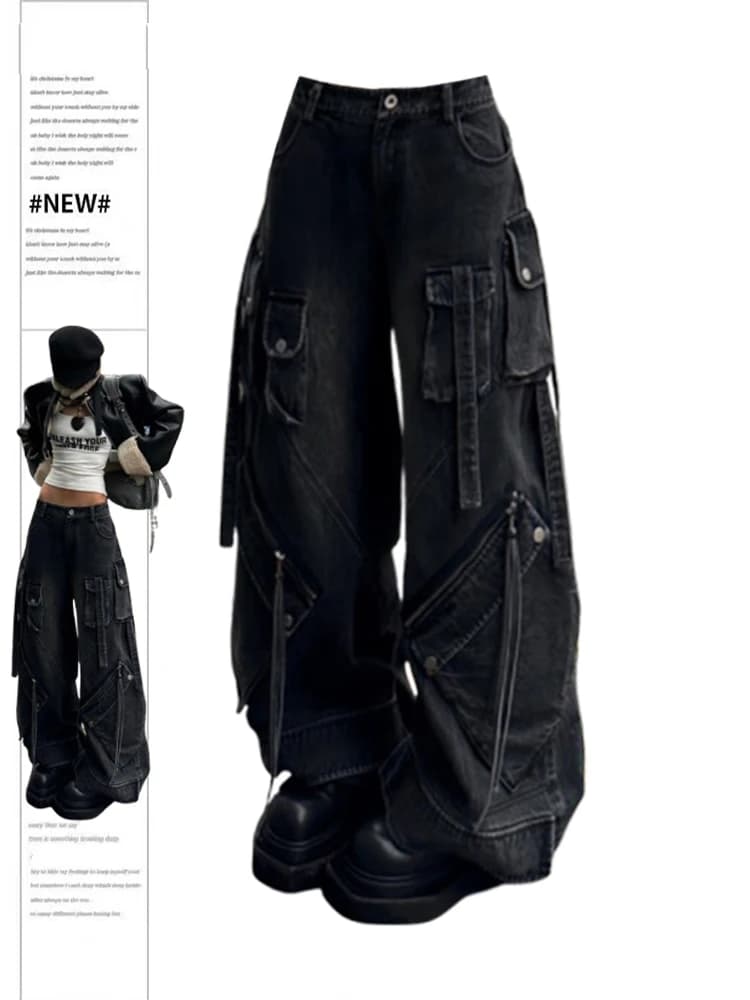 Jean Cargo Baggy gothique noir pour femmes, pantalon en Denim surdimensionné Harajuku Y2k années 90 