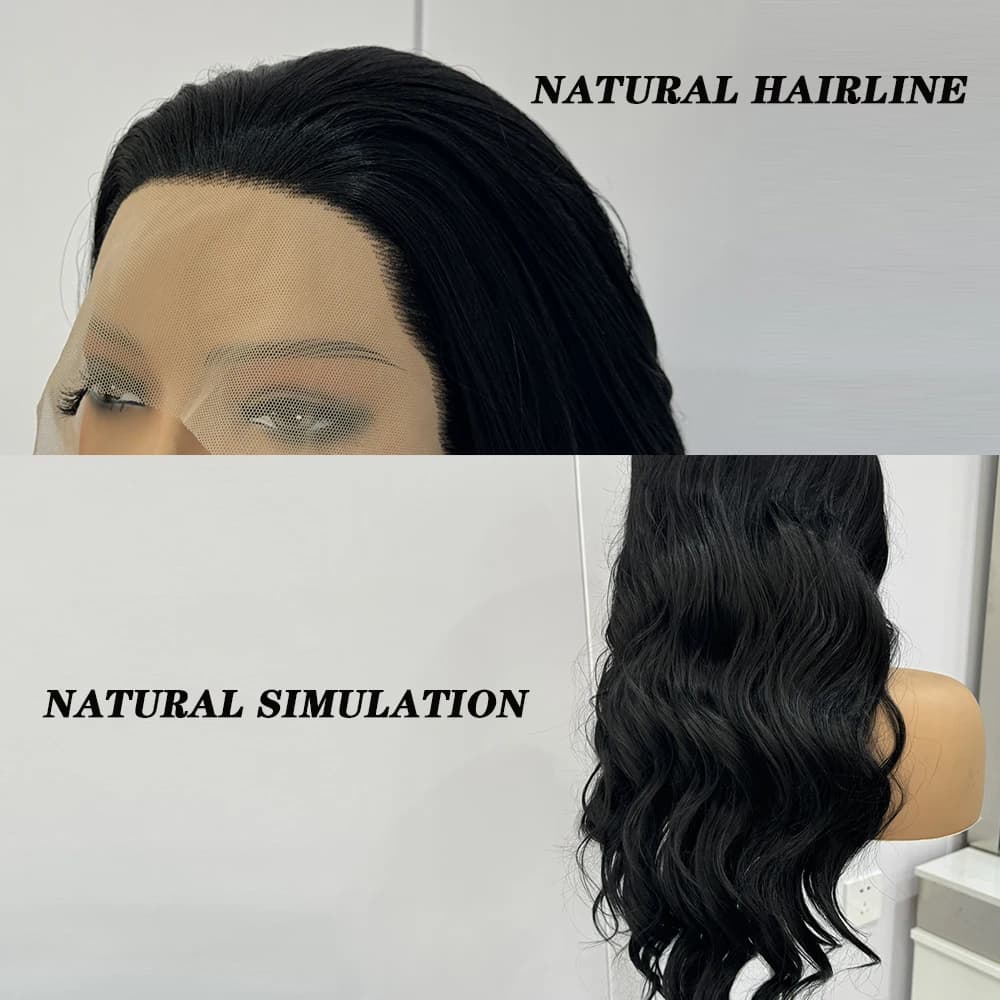 Perruques Lace Front synthétiques noires pour femmes, cheveux longs, corps ondulé, fibre de degré de