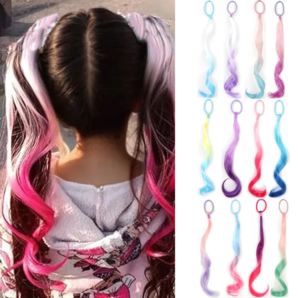 Extensions de cheveux synthétiques colorés pour enfants, extensions de queue de cheval bouclées, lég