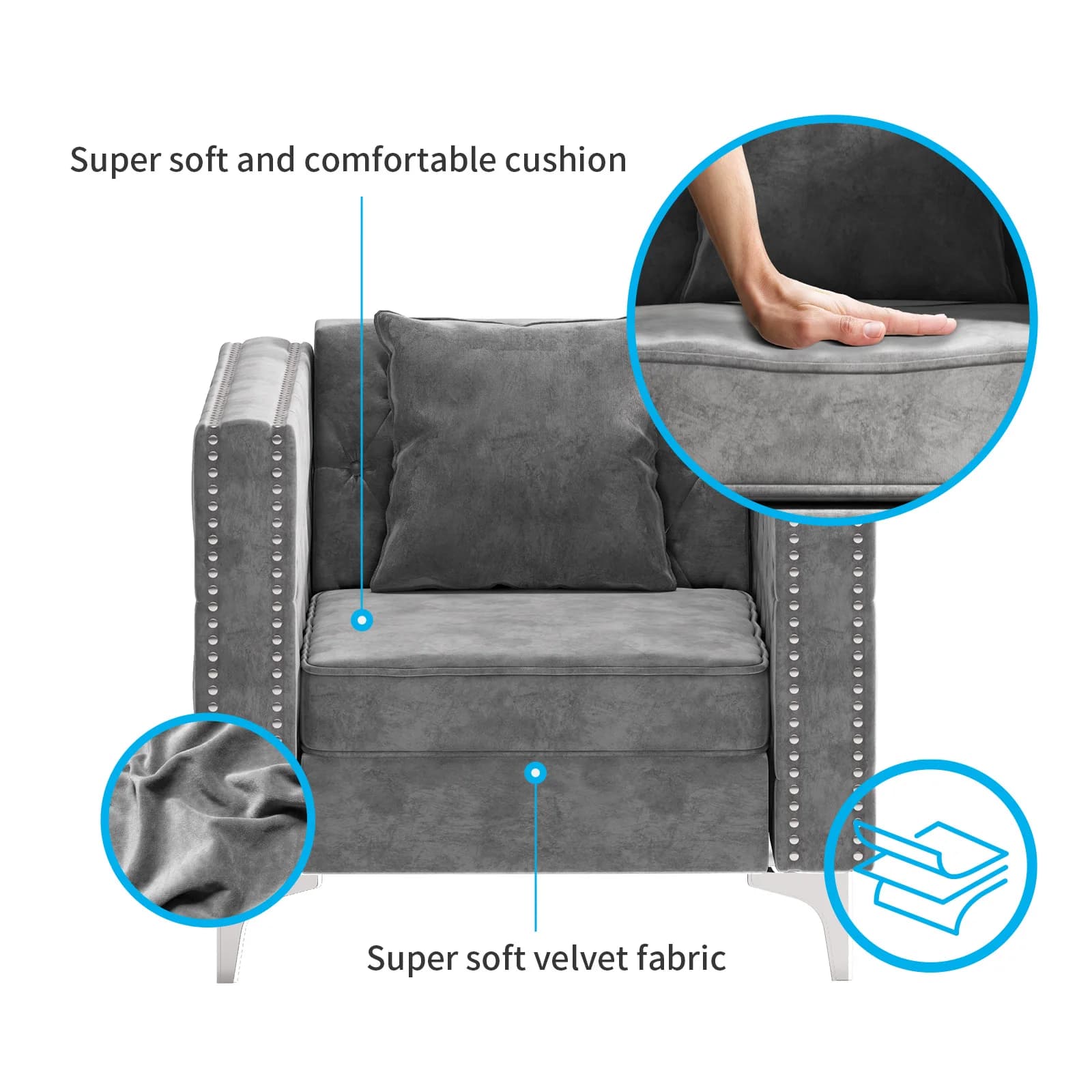 HORGgland O-Fauteuil en velours moderne, chaise d'appoint boutonnée avec coussin de jet et coussin e