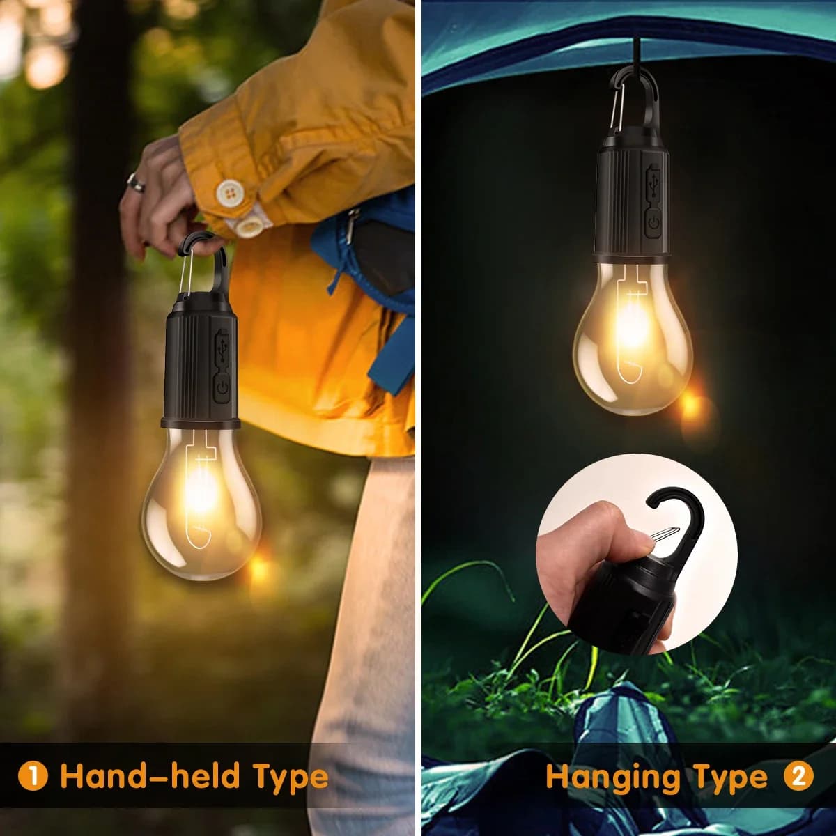 Lampe de Camping LED type-c, Rechargeable par USB, étanche, 400mAh, 100LM, pour tente, avec crochet,