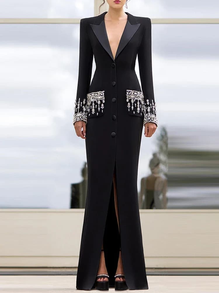 HIGH STREET plus récent 2025 créateur de mode femmes à manches longues col cranté strass diamants pe