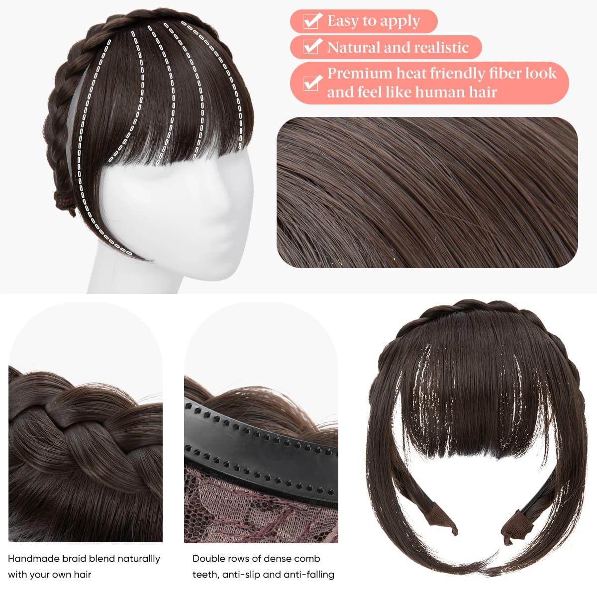 Extension de frange de bandeau synthétique, faux cheveux, frange émoussée avec côtés longs pour femm