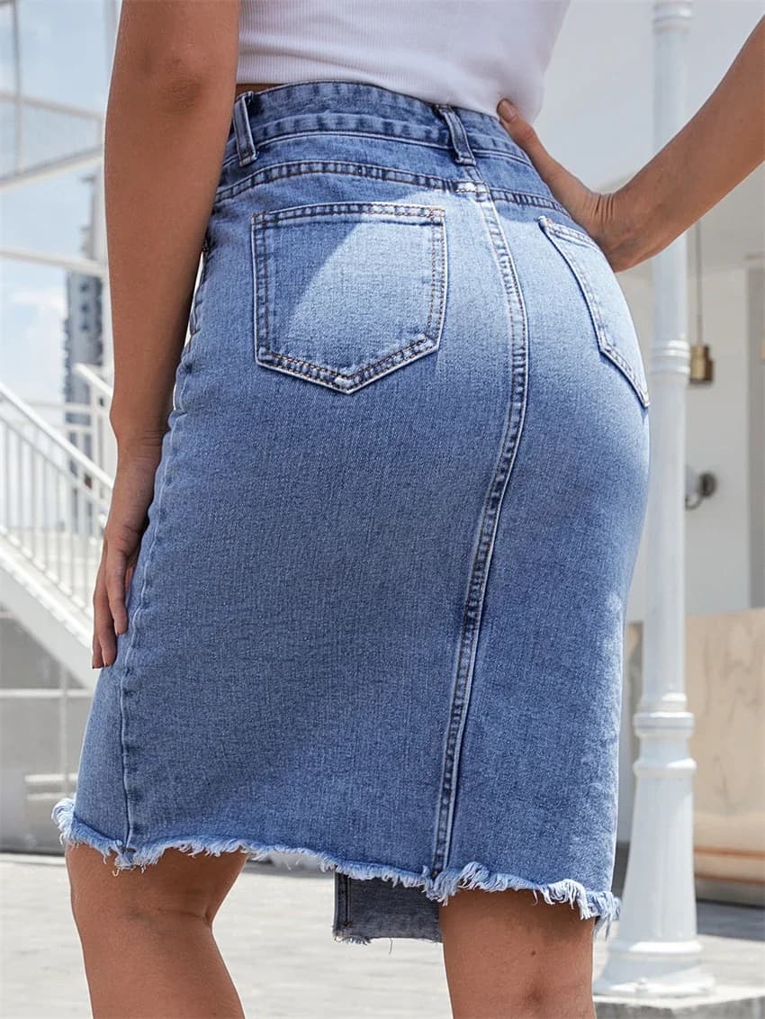 Femmes avant fente bleu Denim jupe poches taille haute mince fermeture éclair mouche Midi jupes 2023