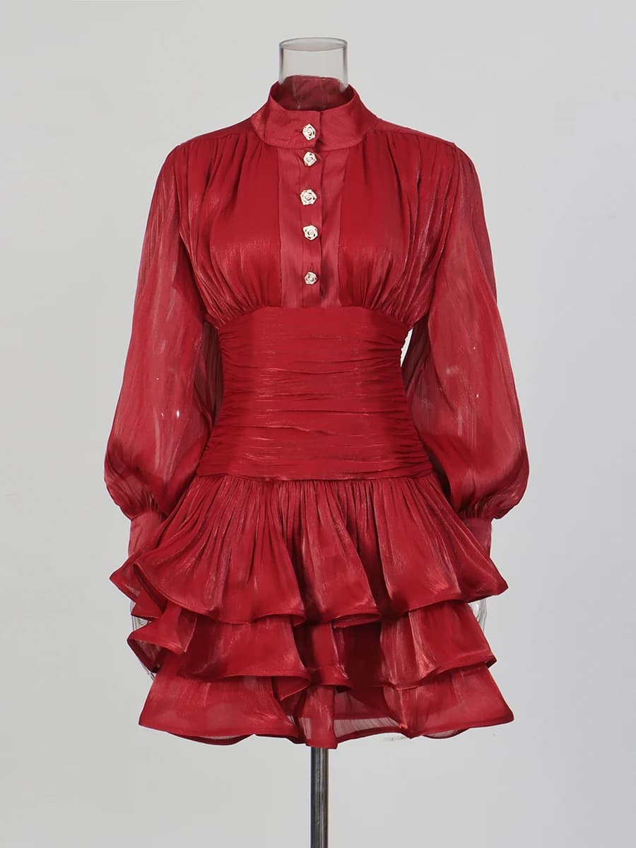 TWOTWINSTYLE élégant minceur épissé volants plis Mini robes pour les femmes col montant manches long