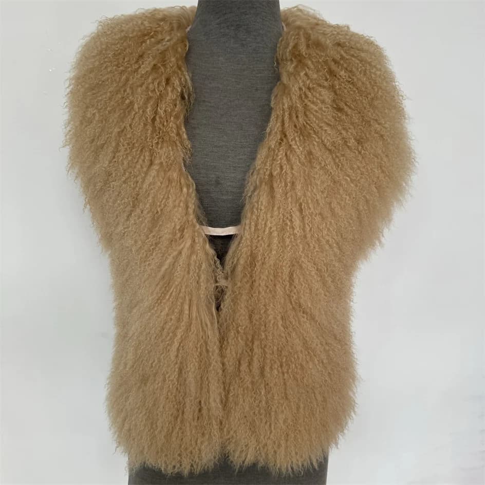 Gilet en vraie fourrure de mouton mongole pour femmes, Streetwear, haut à col licou en vraie fourrur