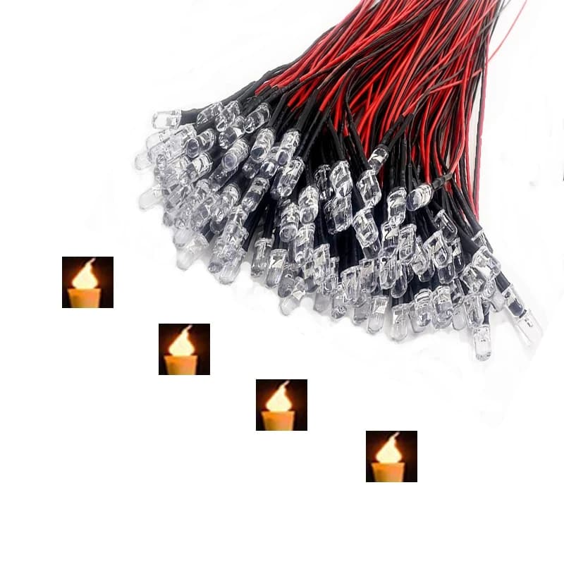 10 pièces 3mm 5mm scintillement 9V-12V DC pré-câblé eau clair bougie led rouge jaune bleu vert blanc