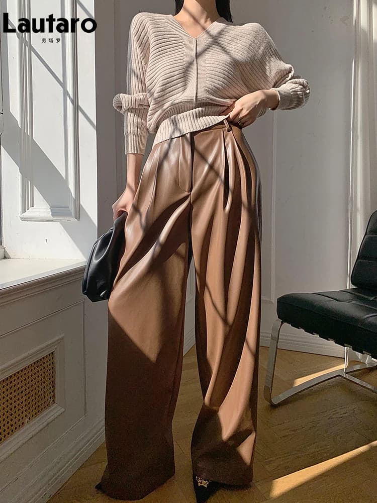 Lautaro printemps automne ample décontracté doux noir bordeaux Pu cuir pantalon à jambes larges pour