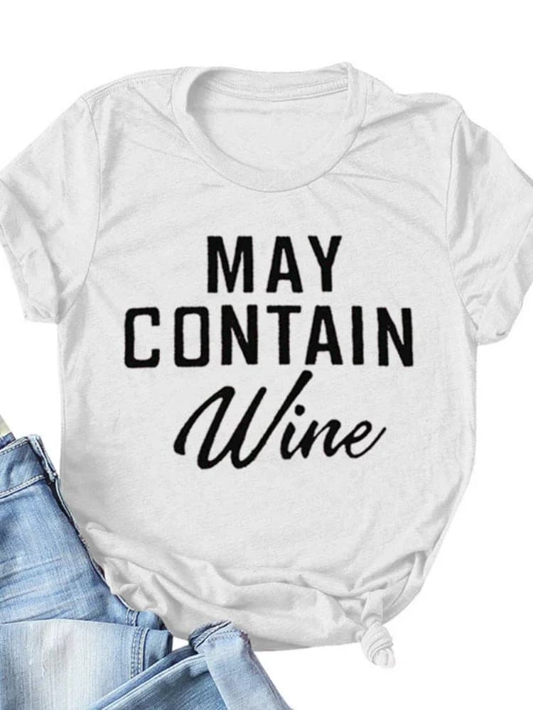 T-shirt manches courtes col rond femme, ample, avec lettres de vin imprimées