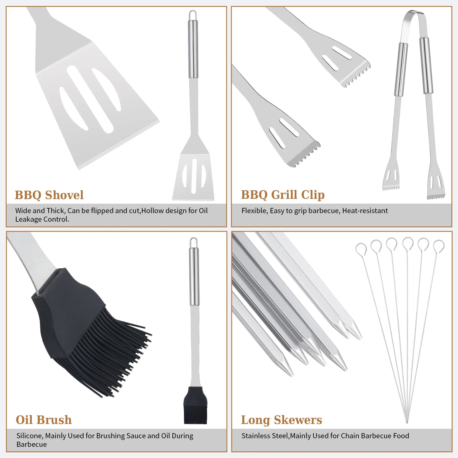 Ensemble de grillades en acier inoxydable pour l'extérieur, ustensiles de cuisine, accessoires de gr