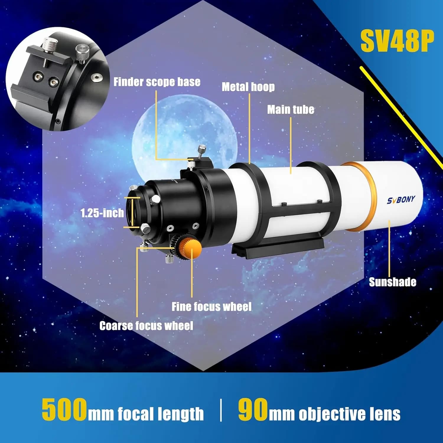 Télescope astronomique Svbony SV48P 90/102 mm d'ouverture OTA, réfracteur à double vitesse de mise a