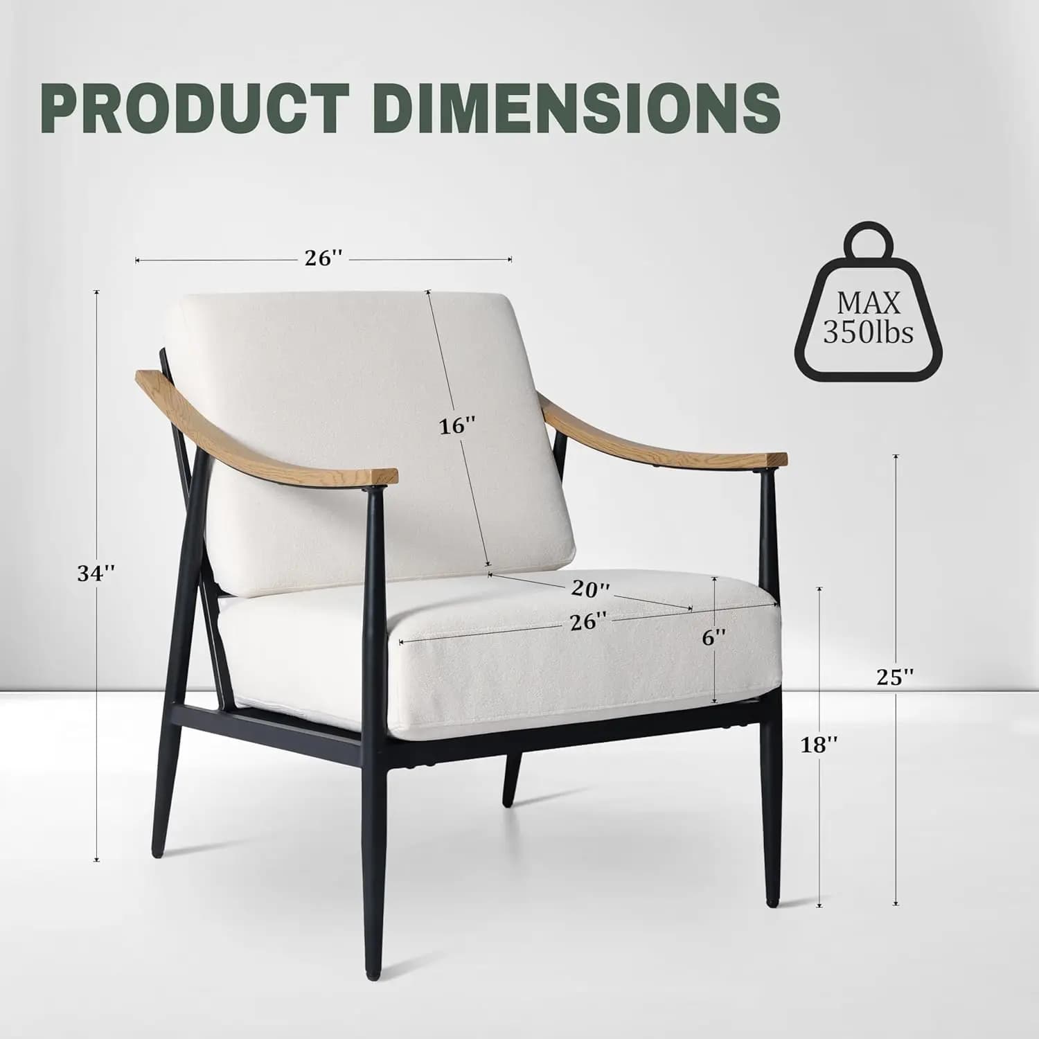 Fauteuil d'appoint rembourré de style Mid-Century avec structure en métal pour salon, chambre, burea