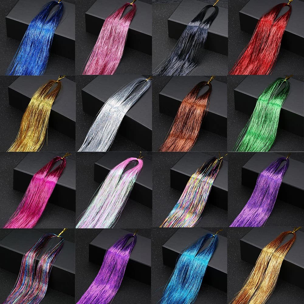 48 pouces brillant étincelle cheveux Tinsel Kit arc-en-ciel femmes coloré paillettes Bling Extension