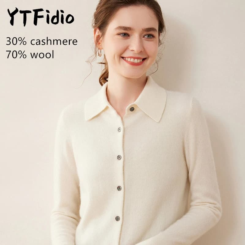 YTFidio cachemire laine mérinos pull femmes col POL à manches longues haut de luxe vêtements de créa