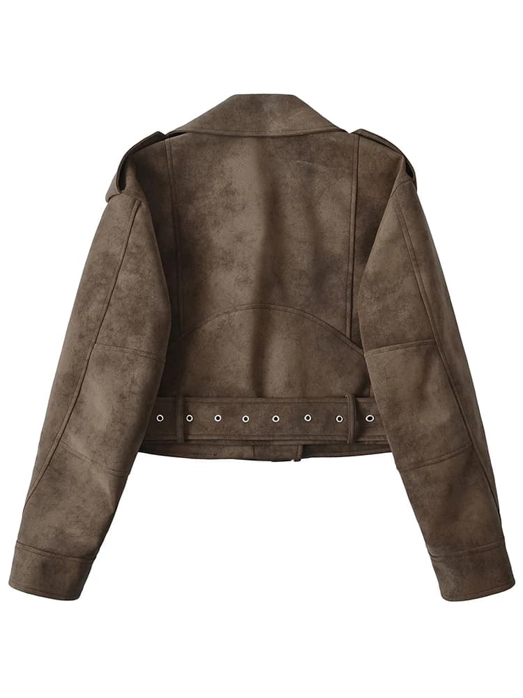 Ailegogo printemps automne femmes Vintage lâche faux cuir veste streetwear femmes Vintage moto ceint