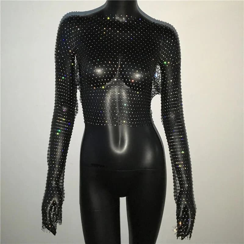 FestivalQueen-T-Shirt à Manches sulfpour Femme, Vêtement de Plage Sexy, Évidé, en Résille, avec Diam