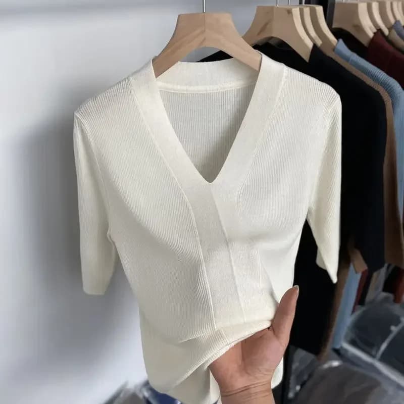 T-shirt à Manches Courtes et Col en V pour Femme, Slim et Décontracté, Couleur Unie, Vert, Été 2025
