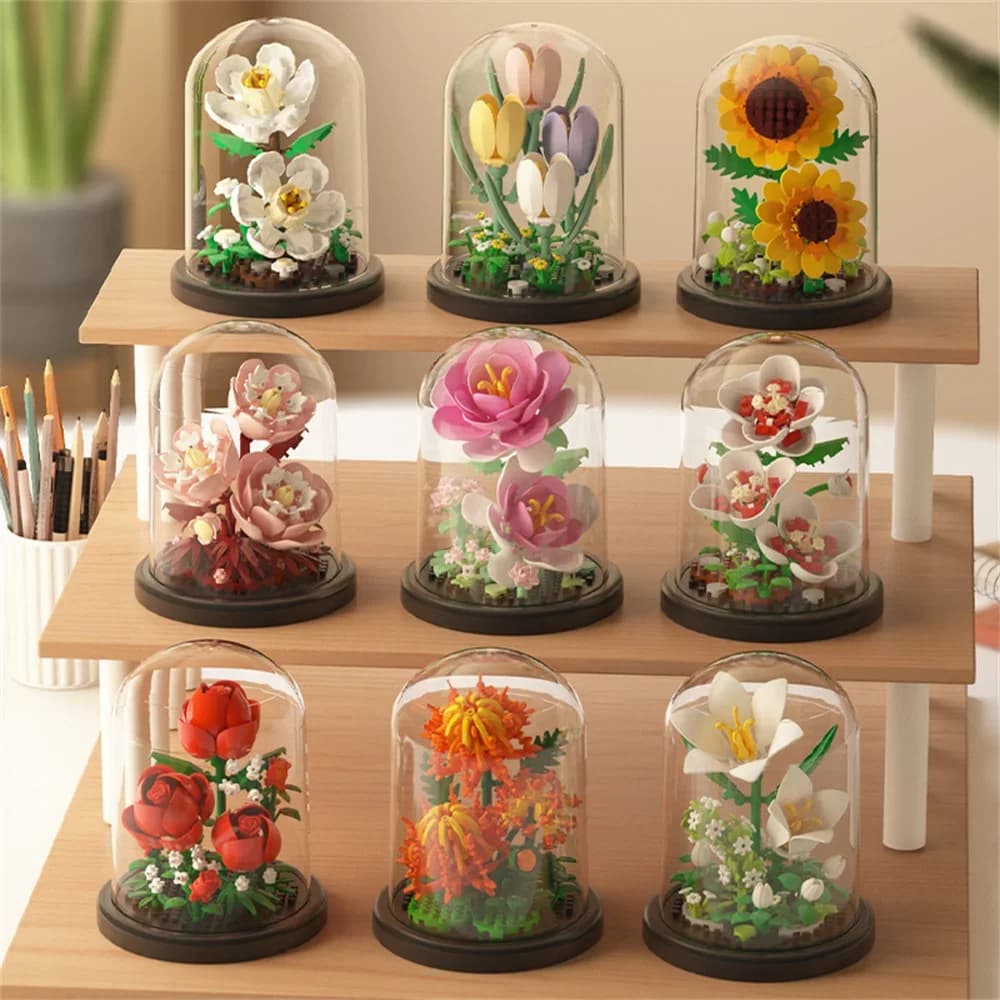Bouquet de fleurs éternelles, bonsaï, plante en pot, Micro blocs de construction, modèle de décorati