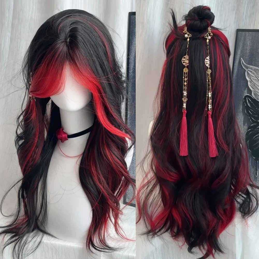 Perruque Synthétique Longue Ondulée Noire Ombrée Rouge pour Femme, Style Lolita Moelleux, Cosplay, P