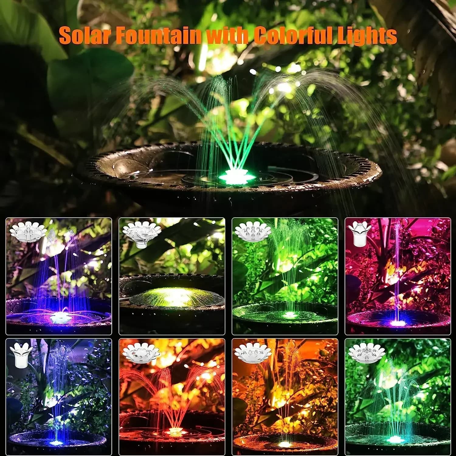 Pompe de fontaine solaire LED 3,5 W avec lumière colorée LED et batterie 1500 mah, 3 supports rétrac