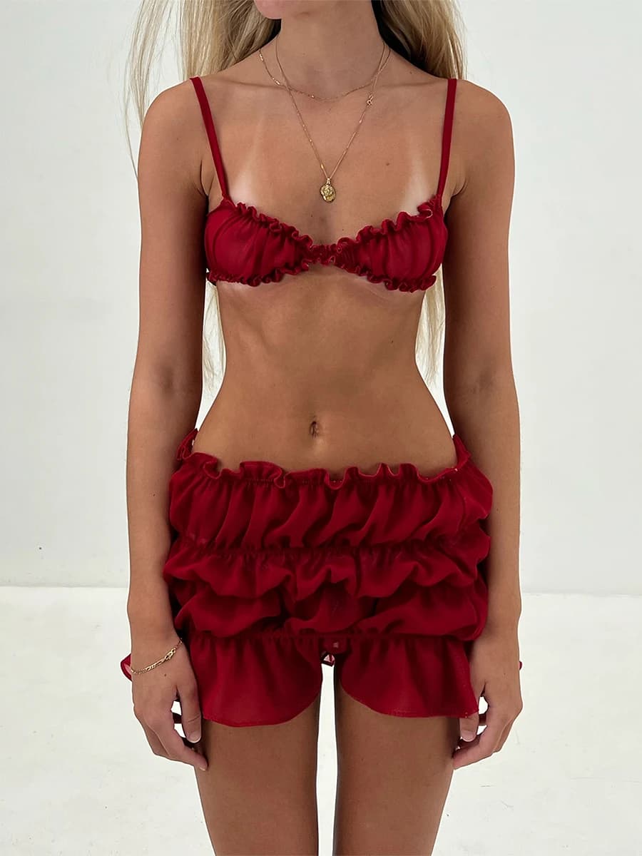Tenues de plage 2 pièces pour femmes, camisole en fibre mince noire, mini jupe à volants sexy, ensem