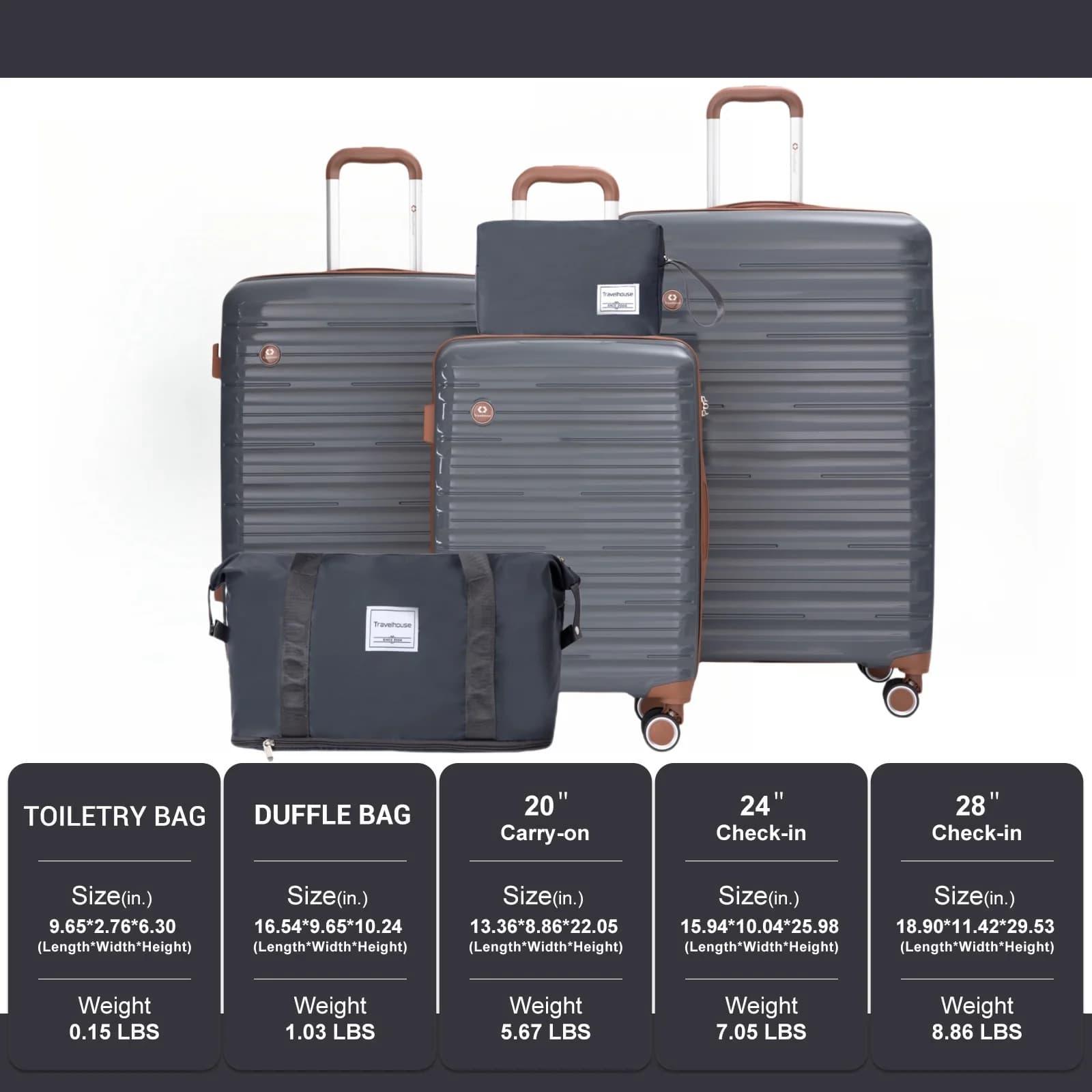 Ensemble de bagages 5 pièces, valises avec roues à double rotation et serrure TSA, valise rigide 3 p