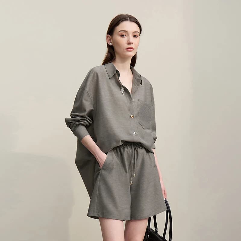 Chemisier Amii pour femme, nouvelle collection été 2026, col à revers, épaules tombantes, manches lo