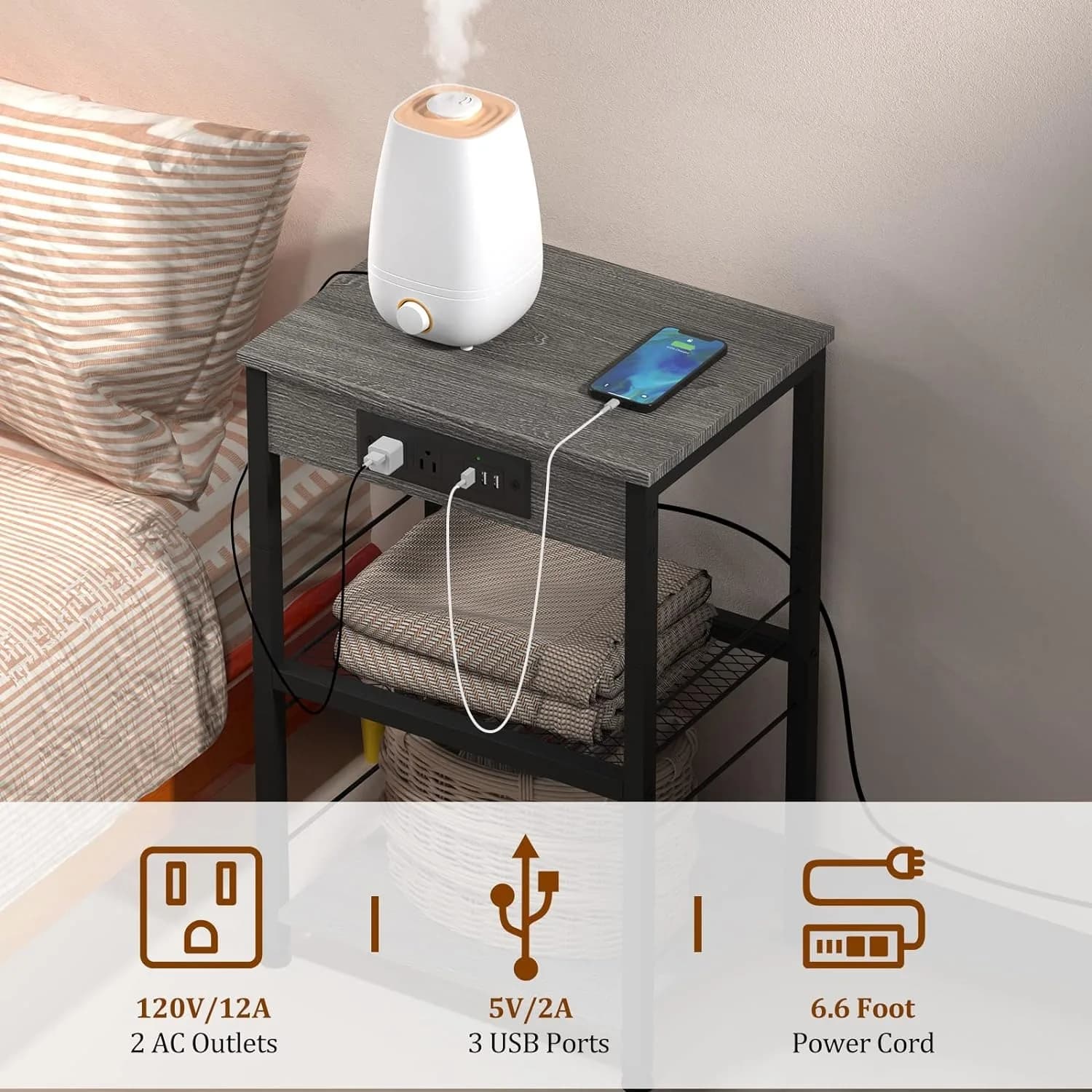 Table de chevet avec station de développement, table d'appoint à 3 étages avec port USB et prise, ta
