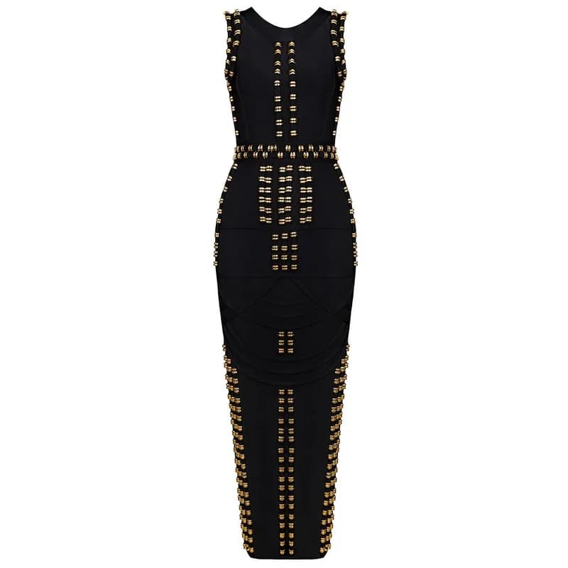 Style classique femmes sans manches col rond Sexy moulante pansement longue robe célébrité mode tapi