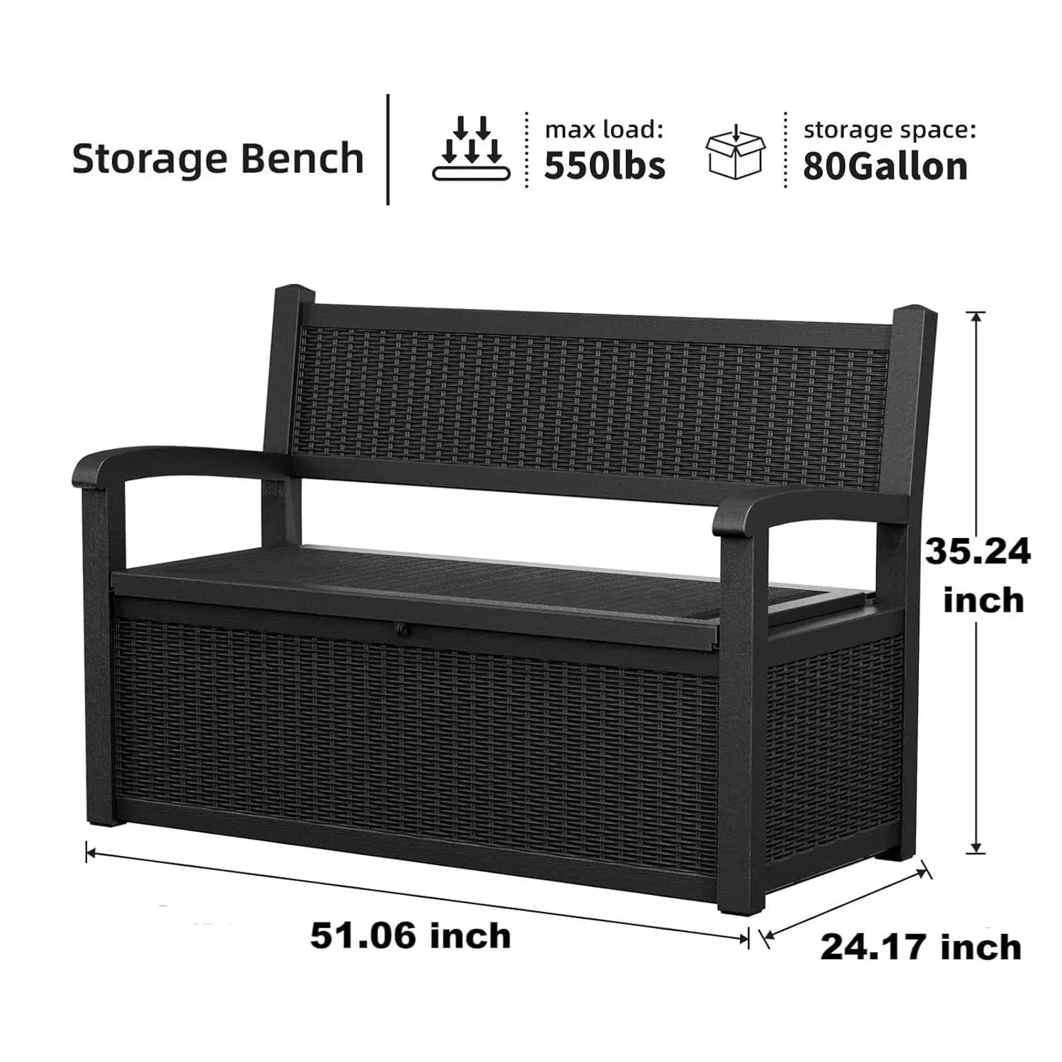 Banc de rangement extérieur de 80 gallons, boîte de rangement pour terrasse, imperméable, verrouilla